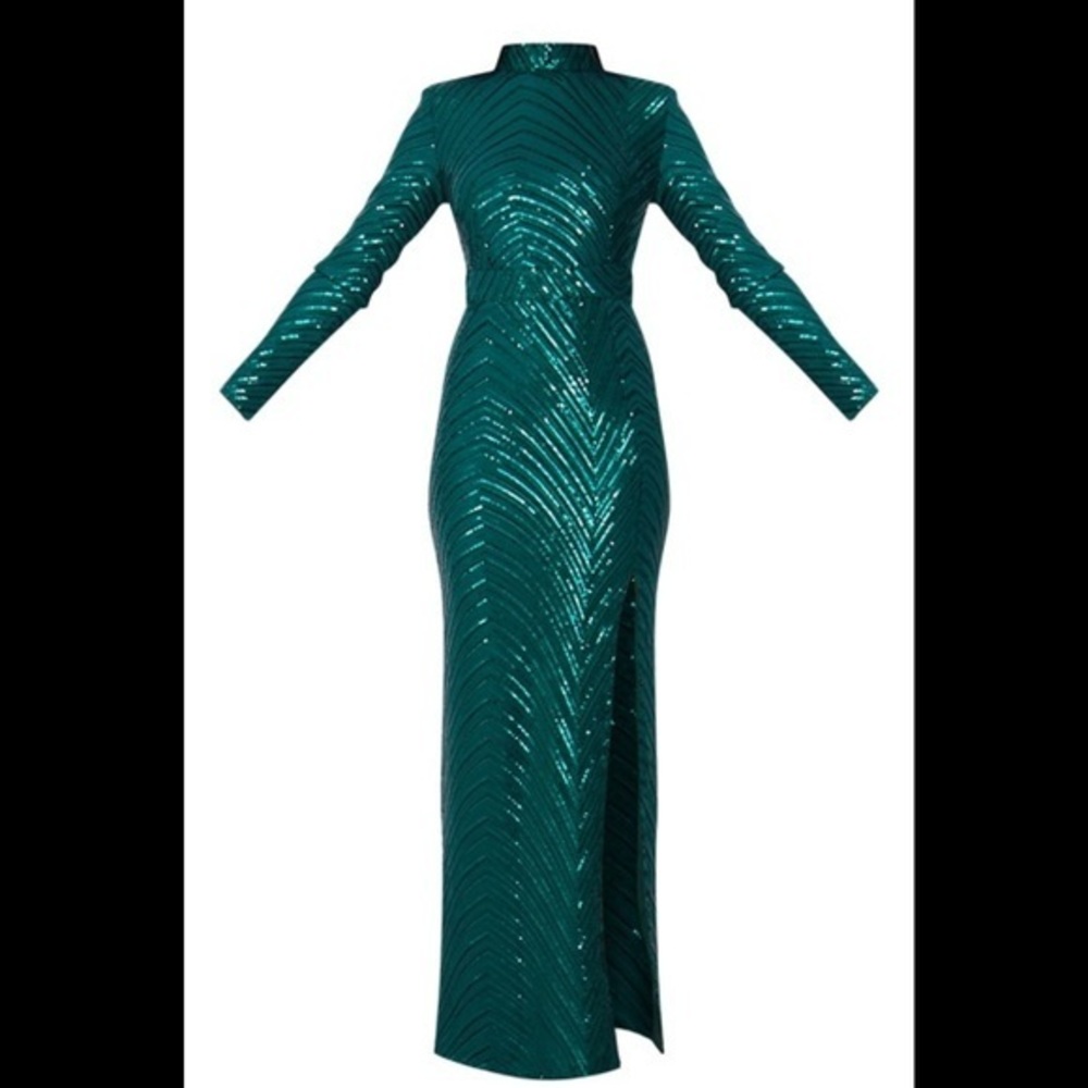 Emerald Green Patterned Sequin High Neck Maxi Pro… - image 1